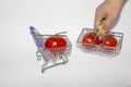 Three red tomatoes in shopping baskets