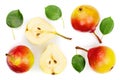 Three ripe red yellow pear fruits with leaf isolated on white background. Top view. Flat lay pattern Royalty Free Stock Photo