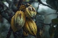 Three ripe, yellow, and brown coconuts hanging from a tree branch Royalty Free Stock Photo