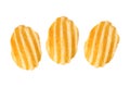 Three rippled potato chips on white