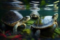 three river turtles swim in the pond during the day - Generative AI Royalty Free Stock Photo