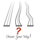 Three roads, a question mark and inscription Choose your way! Vector sketch Royalty Free Stock Photo