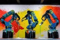 three robotic painters work in unison, coating a surface with bold, vivid colors