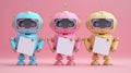 Three robots holding a blank piece of paper in front of them, AI