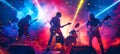 Three rock musicians perform on stage under vibrant, dynamic lighting during a concert Royalty Free Stock Photo