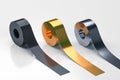 Three rolls - black, gold, dark silver metallic color sticky tape, scotch tape, adhesive tape