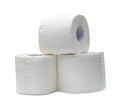 Three rolls of white tissue paper or napkin in stack prepared for use in toilet or restroom isolated on white background with Royalty Free Stock Photo