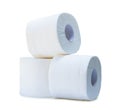 three rolls of white tissue paper or napkin in stack prepared for use in toilet or restroom isolated on white background with Royalty Free Stock Photo