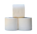 three rolls of white tissue paper or napkin in stack prepared for use in toilet or restroom isolated on white background with Royalty Free Stock Photo