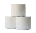 three rolls of white tissue paper or napkin in stack prepared for use in toilet or restroom isolated on white background with Royalty Free Stock Photo