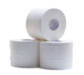 three rolls of white tissue paper or napkin in stack prepared for use in toilet or restroom isolated on white background with Royalty Free Stock Photo
