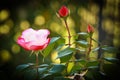 Three roses in garden with bouquet background