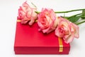 Three roses lie on the red bass box. Gifts on a white background. A gift for the beloved Royalty Free Stock Photo