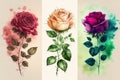 Three roses in watercolor style.