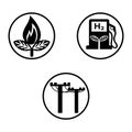 Three round black and white icons of biogas, green hydrogen and electricity