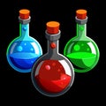 Three round bottom flasks with glowing liquids laboratory Royalty Free Stock Photo