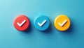 Three round buttons colored red, blue, yellow display white check marks. Icons represent decision making, survey completion task Royalty Free Stock Photo
