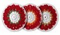 Three Round Crocheted Coasters with Red and White Floral Pattern on White Background Royalty Free Stock Photo