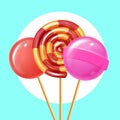 Three Round Lollipops on Blue Background. Vector. Royalty Free Stock Photo