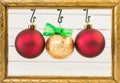 Three Christmas globes hanging on photo frame Royalty Free Stock Photo