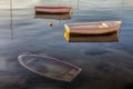Three row boats in the lake. One has sunk and lies at the bottom. Royalty Free Stock Photo