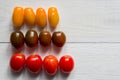Three rows of different sorts of cherry tomatoes. Yellow, red and green. Organic ripe tomato on wooden table, top view Royalty Free Stock Photo
