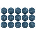 Three rows of five blue basketballs on an isolated white background. 3D rendering