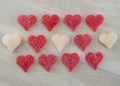 Three Rows of White and Red Gummy Hearts