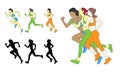 Three running girls. Silhouettes of girls who run. Full color vector illustration in flat style