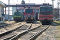 Three Russian electric locomotives at the building of the locomotive depot on the Volkhovstroy 1 station