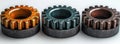 Three rusty gears, one orange, one blue and one copper, are arranged in a row on a white background Royalty Free Stock Photo