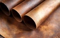 Three rusty metal tubes are lying on a textured surface of similar color and texture, creating a cohesive and visually interesting Royalty Free Stock Photo