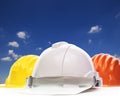 Three of safety helmet construction protection on white against Royalty Free Stock Photo