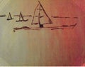 Three sailboats sail the sea mountains can be seen in the distance, illustration done by hand