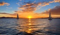 Three Sailboats Sailing in Ocean at Sunset