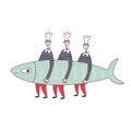 Three sailors cooks caught and carry a big sardine fish. Vector illustration Royalty Free Stock Photo