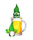 Three Saint Patrick day gnomes, beer, lucky clover leaves with 4 four leaf. Glass mug with alcohol drink. Hand painted