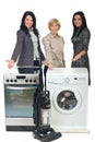 Three sales women showing to household appliances