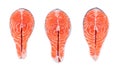 Three salmon steaks, fresh fish slice, trout on white isolated background