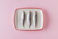 Three salted sprats on a white plate on a pink background. Flat lay