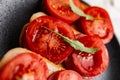 Three sandwiches with fresh and bright red tomatoes and smoked sausage, decorated with a leaf of green arugula Royalty Free Stock Photo