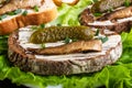 Three sandwiches with sprots and cucumber on lettuce leaves Royalty Free Stock Photo