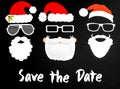 Three Santa Claus Paper Mask, Black Background, Text Save The Date