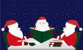 Three Santa Claus reading letters desires Royalty Free Stock Photo