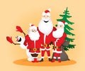 Three Santa Clauses with snowman and sack and Christmas tree