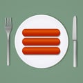 Three sausages on a white plate with fork and knife. Top view.