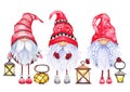 Three Scandinavian Christmas Gnomes with lanterns.