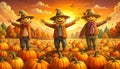 Three scarecrows in a pumpkin patch at sunset Royalty Free Stock Photo
