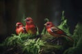 three Scarlet Tanagers perched on the branches of green bushes, set against a dark natural background