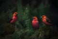 three Scarlet Tanagers perched on dark green branches or lashes